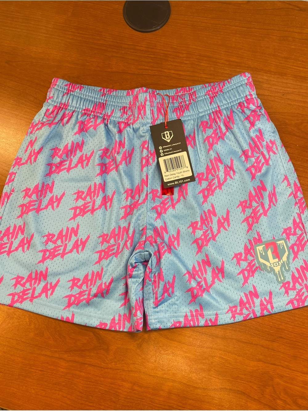 Kids BB101 ‘Rain Delay' Athletic Shorts - Light Blue with Pink Print